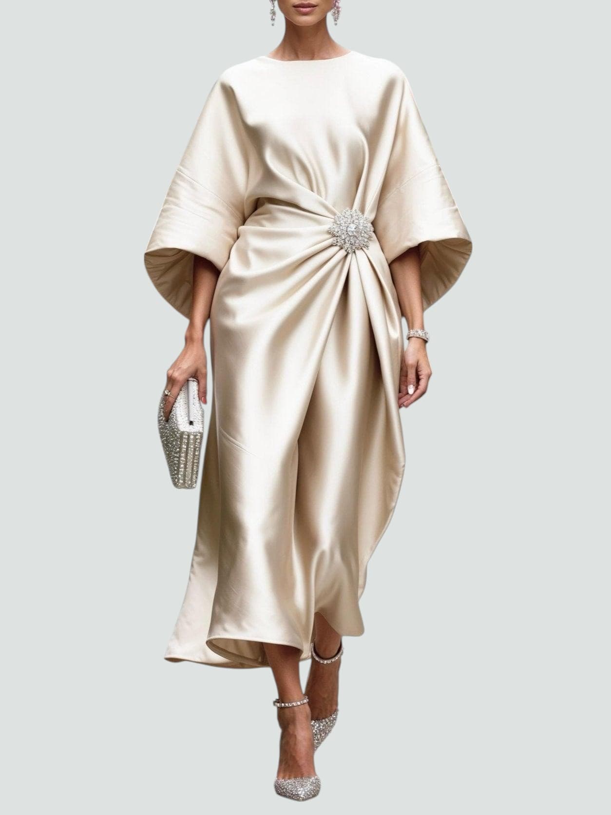 Women's Draped Midi Dress | Batwing Sleeve Formal-6