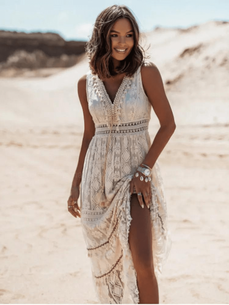 Women's Boho Lace Maxi Dress | Summer V-Neck-6