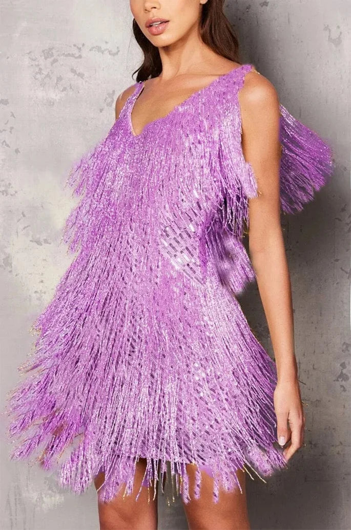 Women's Fringe Mini Dress | V-Neck Cocktail Party-1