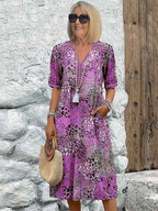 Women's Floral V-Neck Midi Dress | Half Sleeve-4
