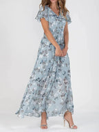 Women's Floral Maxi Dress | Ruffle Sleeve V-Neck-2