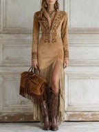 Women's Embroidered Fringe Maxi Dress | Western V-Neck-2