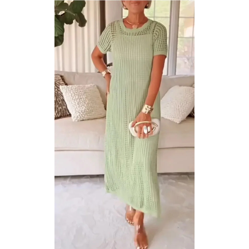 Women's Open Knit Maxi Dress | Short Sleeve Coverup-5