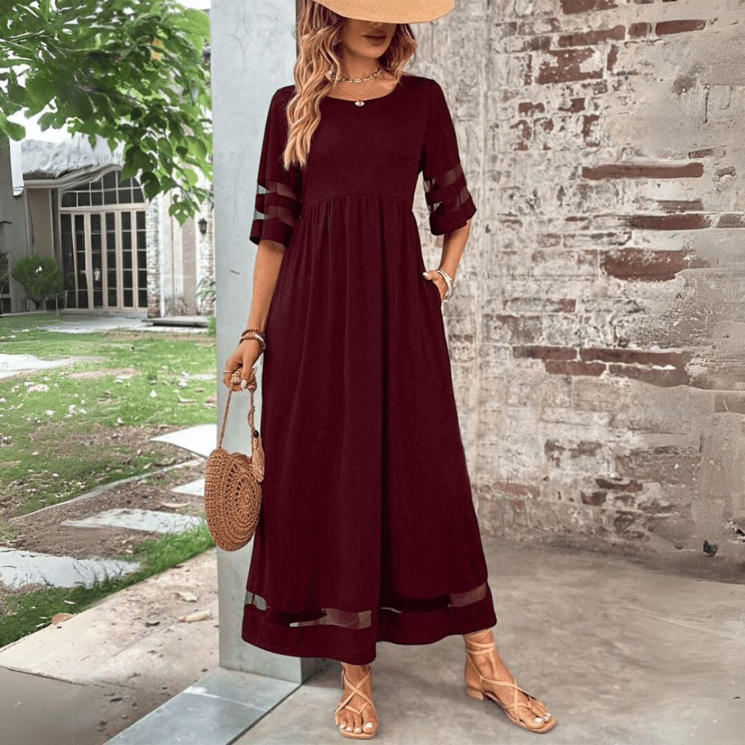 Women's Sheer Sleeve Maxi Dress | Black Pocket A-Line-8