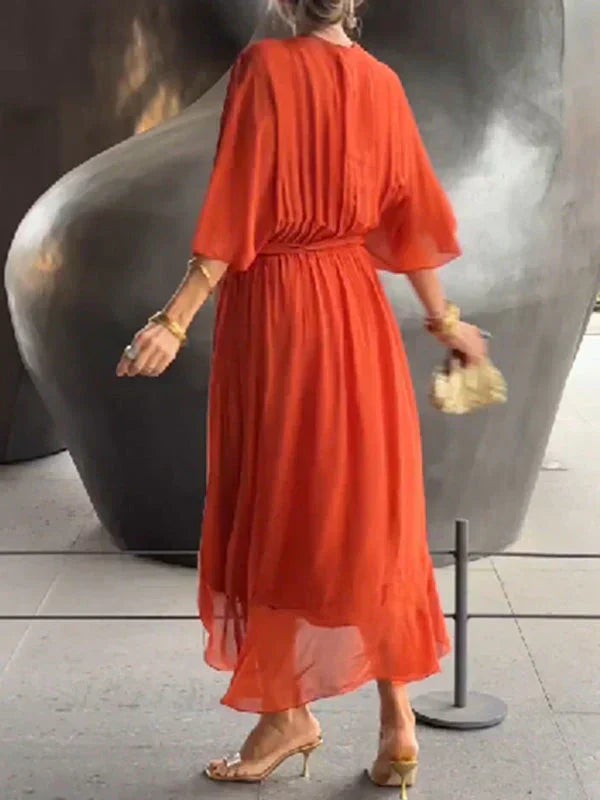 Women's Boho Midi Dress | V-Neck Belted Flowy-11
