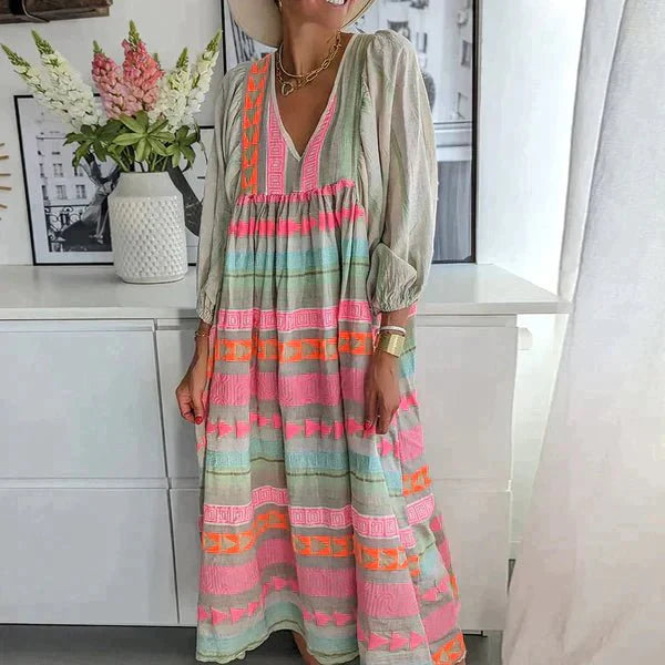 Women's Boho Striped Maxi Dress | Summer V-Neck-1
