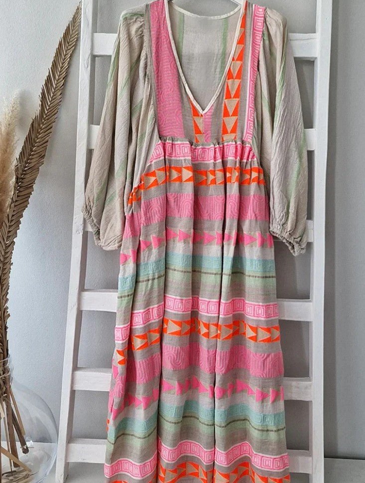 Women's Boho Striped Maxi Dress | Summer V-Neck-6