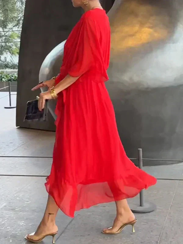 Women's Boho Midi Dress | V-Neck Belted Flowy-10