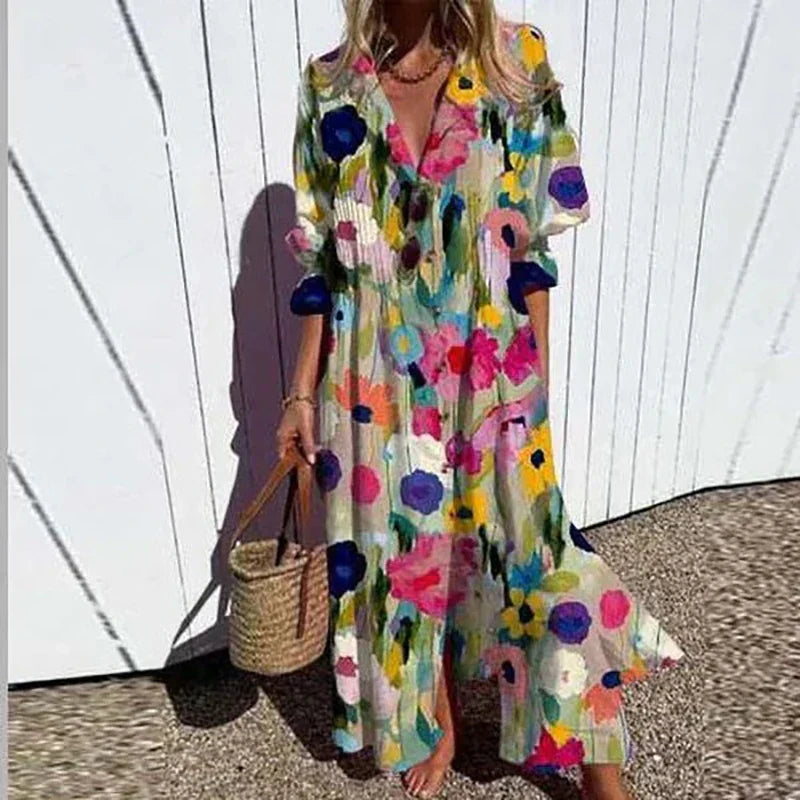 Women's Floral Print Maxi Dress | Loose Fit V-Neck-1