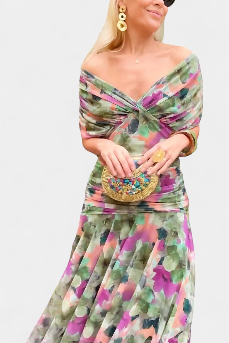 Women's Off Shoulder Ruched Gown | V Neck Maxi-6
