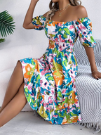 Women's Floral Off Shoulder Dress | Puff Sleeve Midi-3