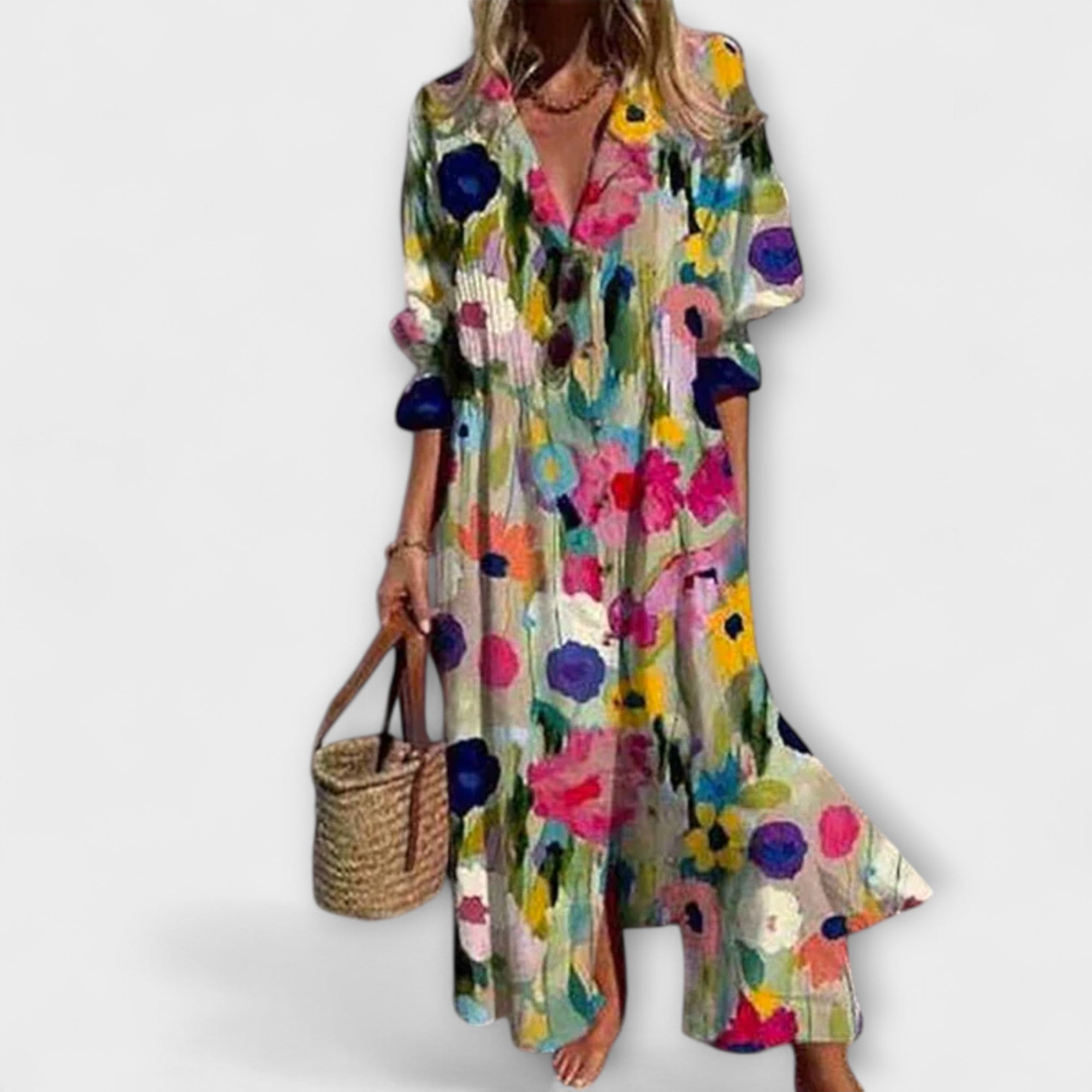 Women's Floral Maxi Dress | Button-Down V-Neck-2