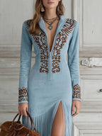 Women's Embroidered Fringe Maxi Dress | Western V-Neck-4