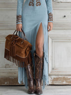 Women's Embroidered Fringe Maxi Dress | Western V-Neck-5