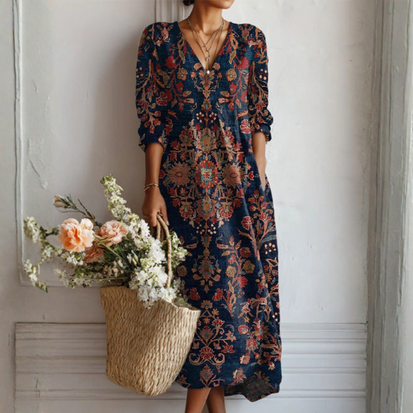 Women's Boho Floral Maxi Dress | V-Neck Long Sleeve-1