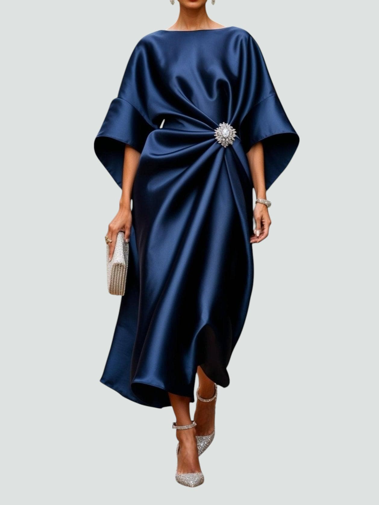 Women's Draped Midi Dress | Batwing Sleeve Formal-1