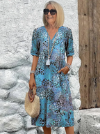 Women's Floral V-Neck Midi Dress | Half Sleeve-2