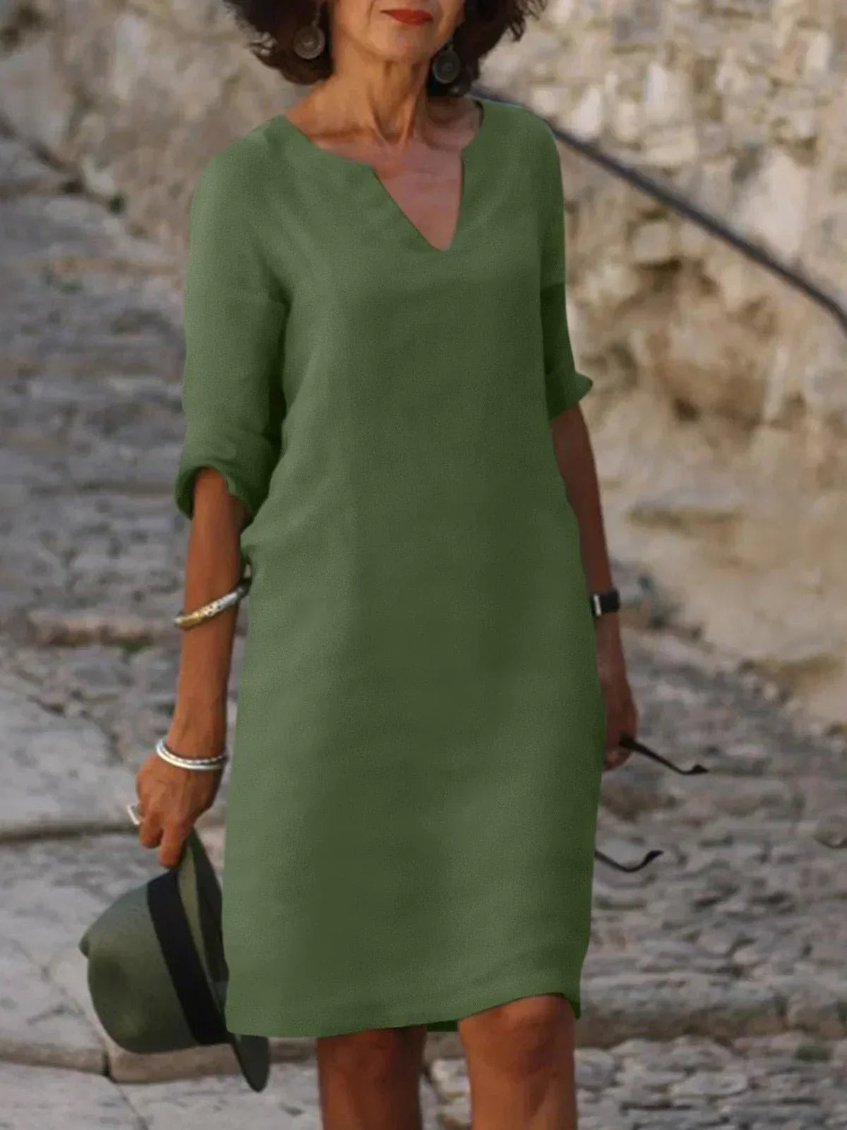 Women's V-Neck Shift Dress | Half Sleeve Knee Length-3