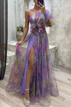 Women's Floral Maxi Dress | One Shoulder Slit-1