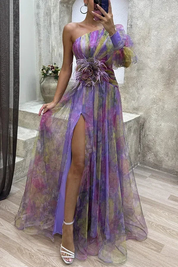 Women's Floral Maxi Dress | One Shoulder Slit-1