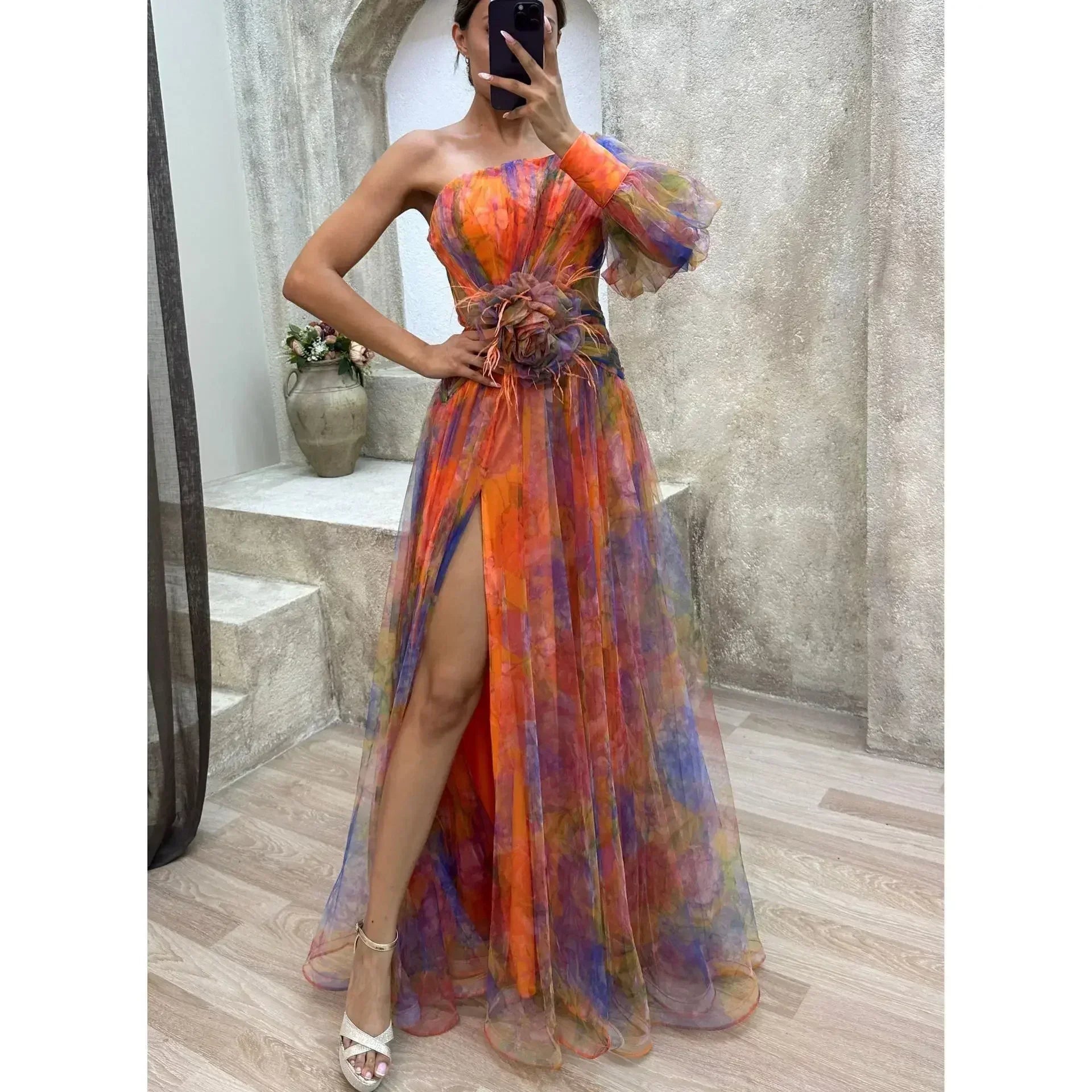Women's Floral Maxi Dress | One Shoulder Slit-4