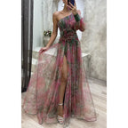 Women's Floral Maxi Dress | One Shoulder Slit-3