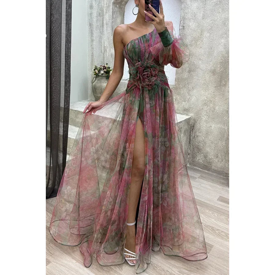 Women's Floral Maxi Dress | One Shoulder Slit-3