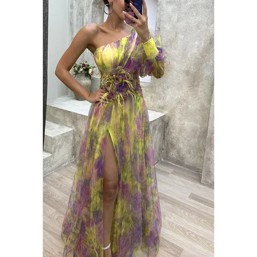 Women's Floral Maxi Dress | One Shoulder Slit-2