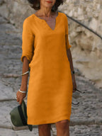 Women's V-Neck Shift Dress | Half Sleeve Knee Length-5