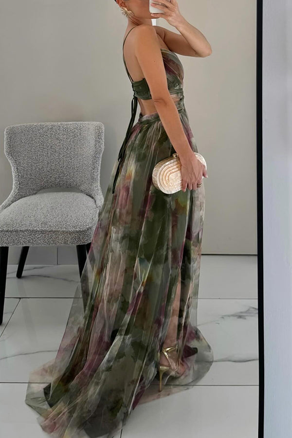 Women's Floral Print Maxi Dress | Strapless Pleated Gown-9