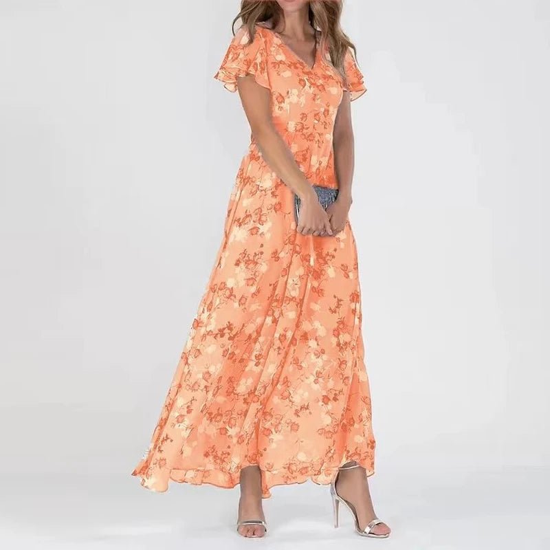 Women's Floral Maxi Dress | Ruffle Sleeve V-Neck-1
