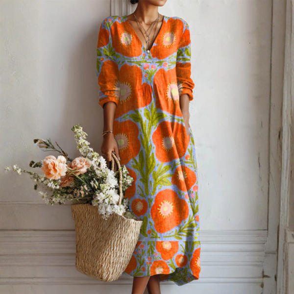 Women's Floral Print Maxi Dress | Long Sleeve V-Neck-1