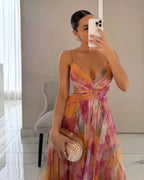 Women's Floral Print Maxi Dress | Strapless Pleated Gown-2