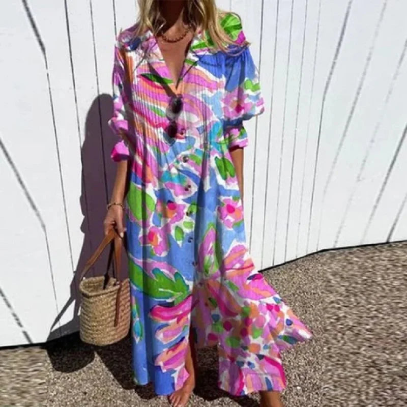 Women's Floral Print Maxi Dress | Loose Fit V-Neck-3