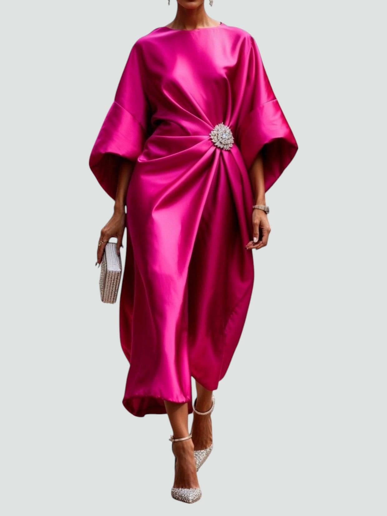 Women's Draped Midi Dress | Batwing Sleeve Formal-4