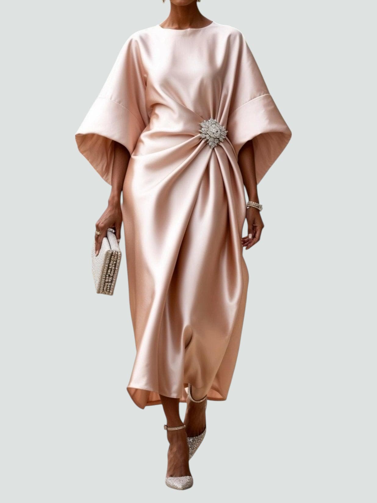 Women's Draped Midi Dress | Batwing Sleeve Formal-5