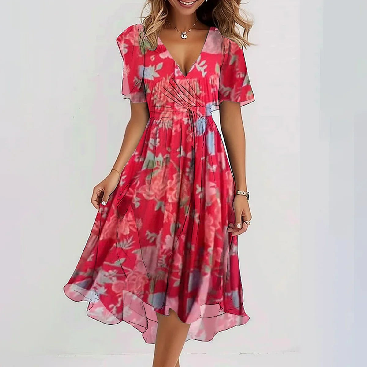 Women's Floral Wrap Dress | V-Neck Flutter Sleeve-4