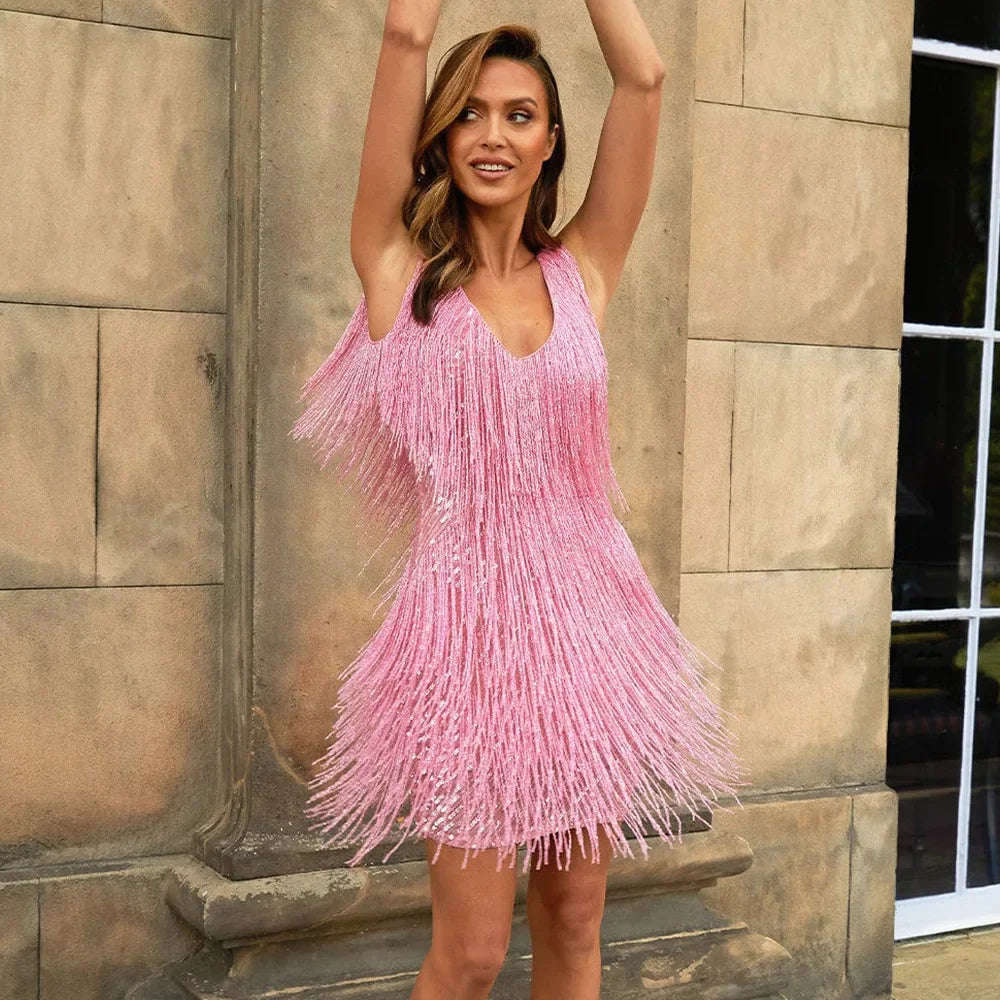 Women's Fringe Mini Dress | V-Neck Cocktail Party-7