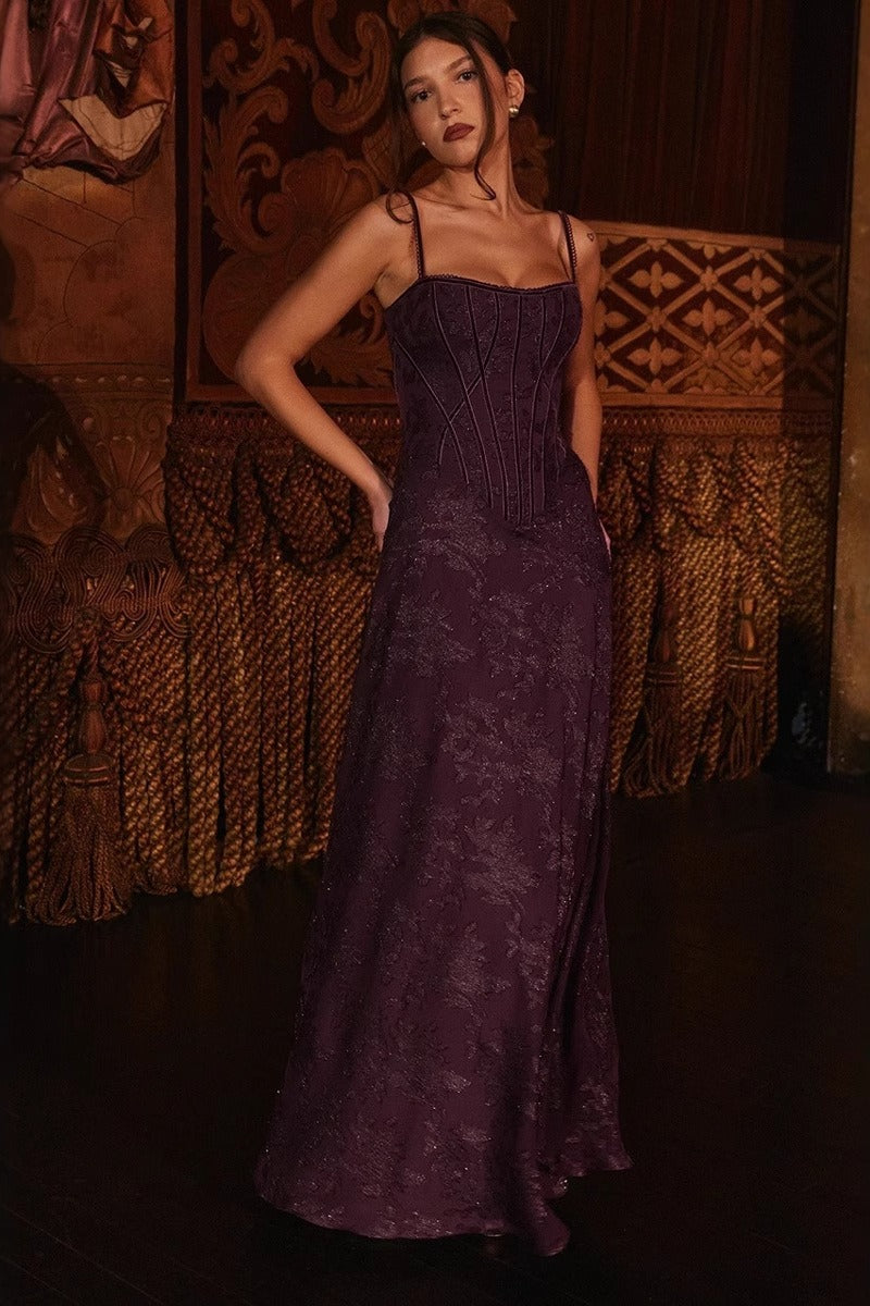 Women's Corset Maxi Dress | Purple Floral A-Line Gown-4