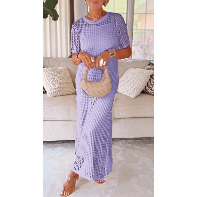 Women's Open Knit Maxi Dress | Short Sleeve Coverup-3