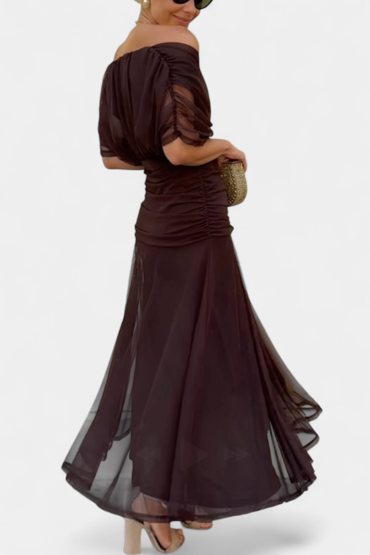 Women's Off Shoulder Ruched Gown | V Neck Maxi-3