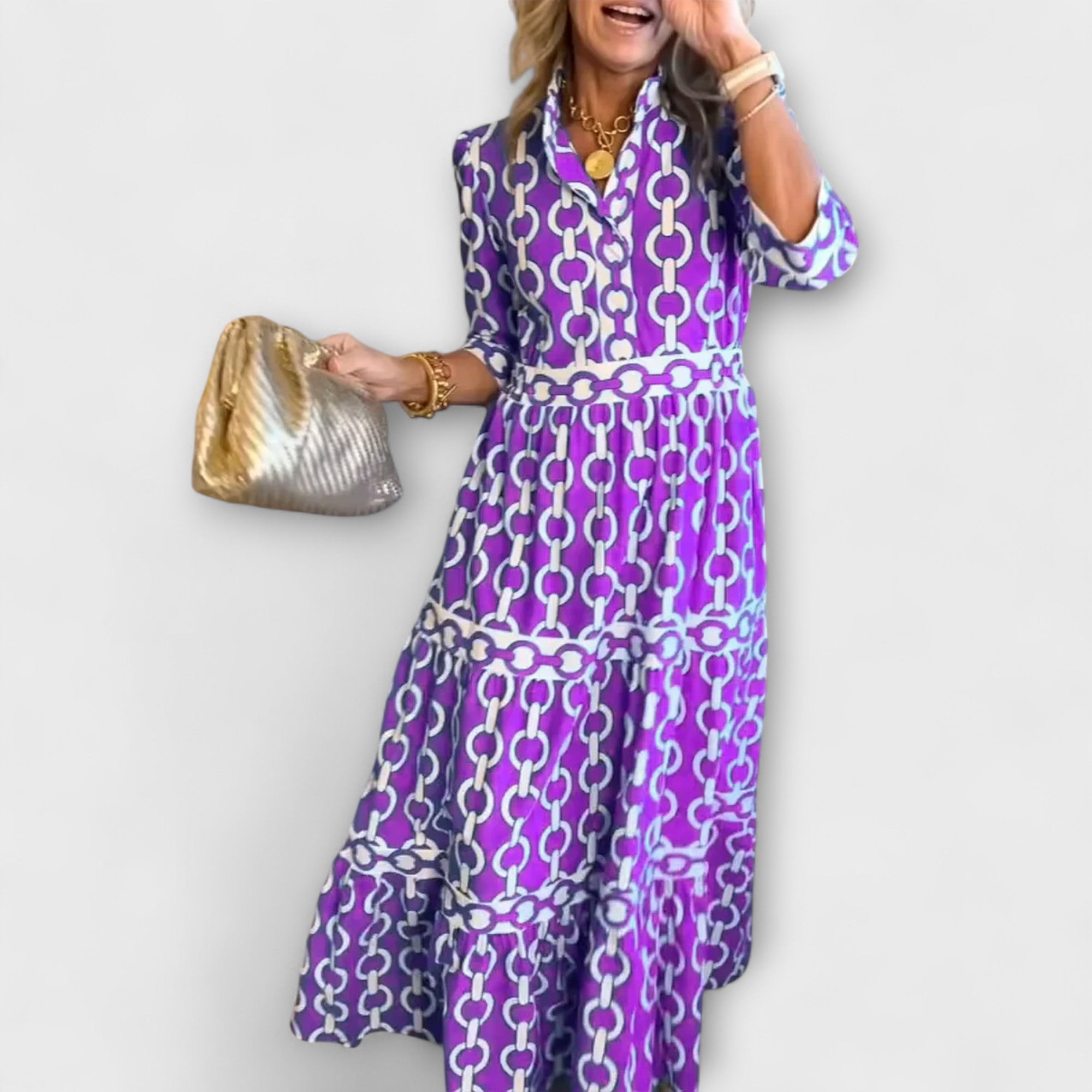 Women's Chain Print Maxi Dress | Tiered V-Neck-4
