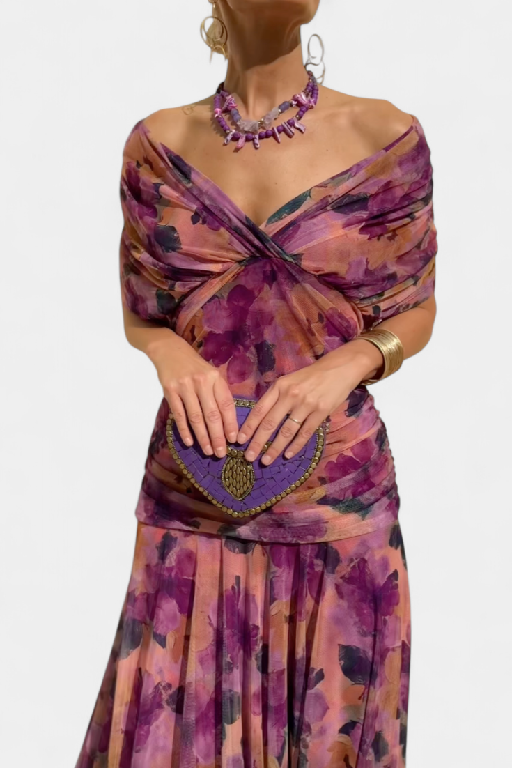Women's Off Shoulder Ruched Gown | V Neck Maxi-11