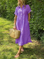 Women's Striped Midi Dress | Button-Down Short Sleeve-7