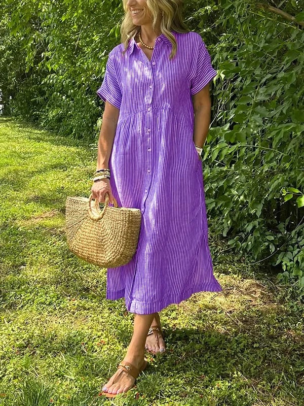 Women's Striped Midi Dress | Button-Down Short Sleeve-7