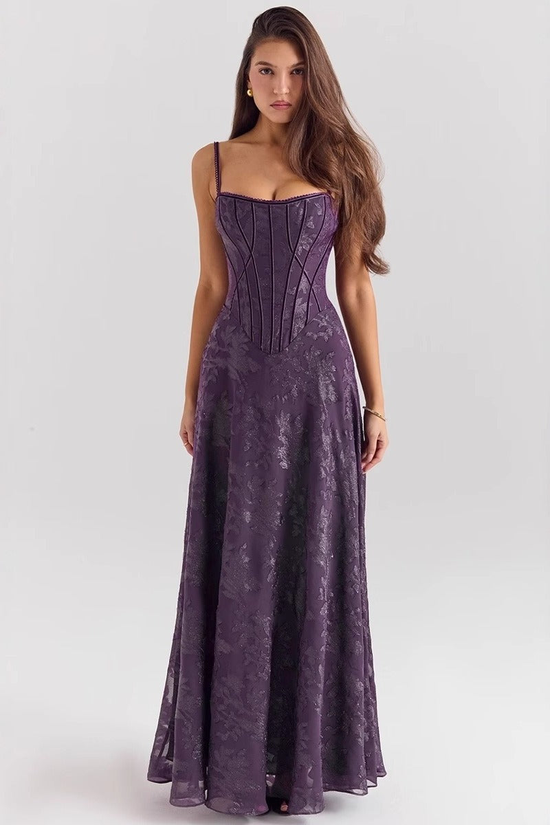 Women's Corset Maxi Dress | Purple Floral A-Line Gown-1