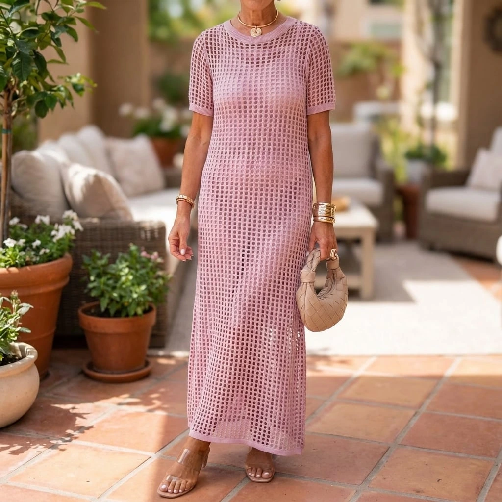 Women's Open Knit Maxi Dress | Short Sleeve Coverup-1