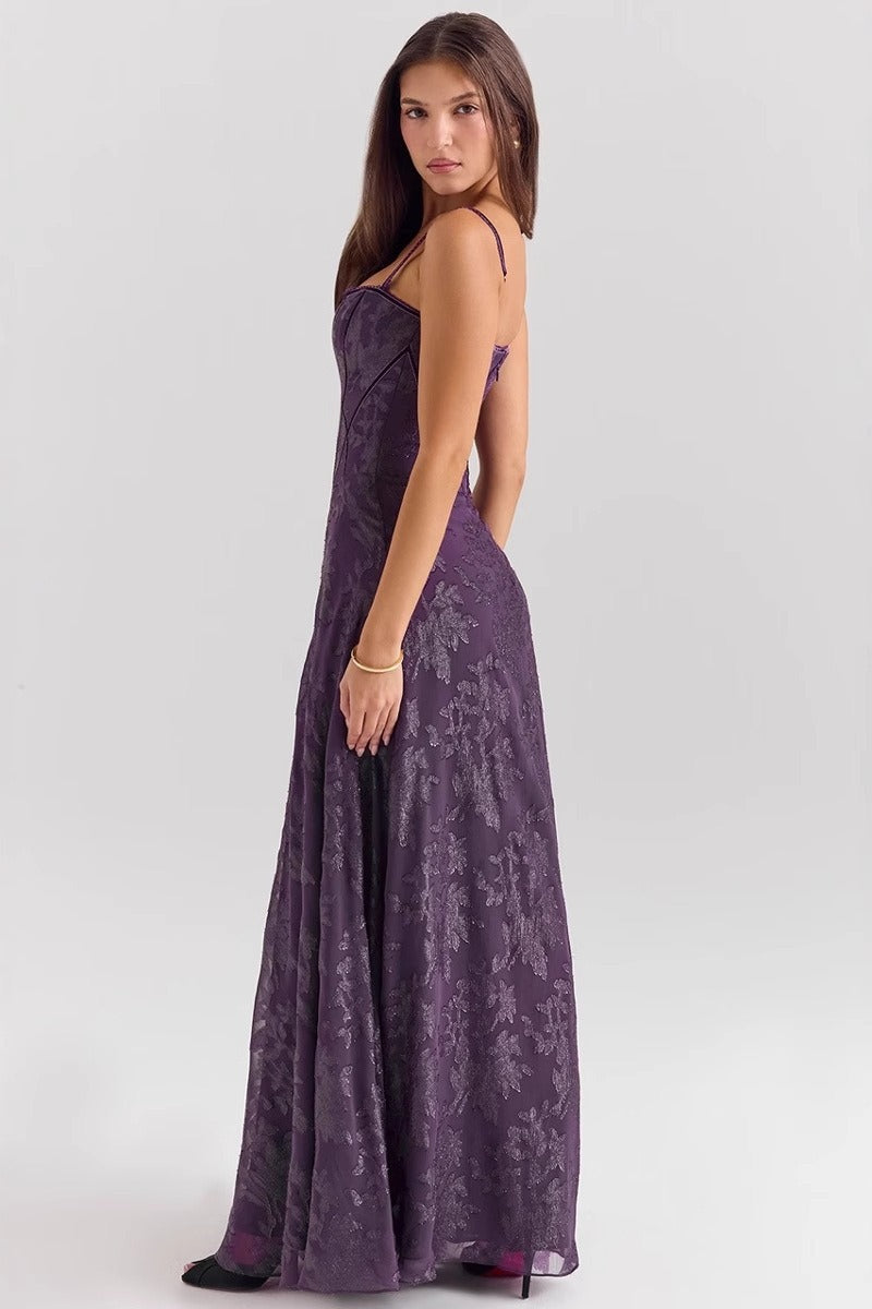 Women's Corset Maxi Dress | Purple Floral A-Line Gown-2