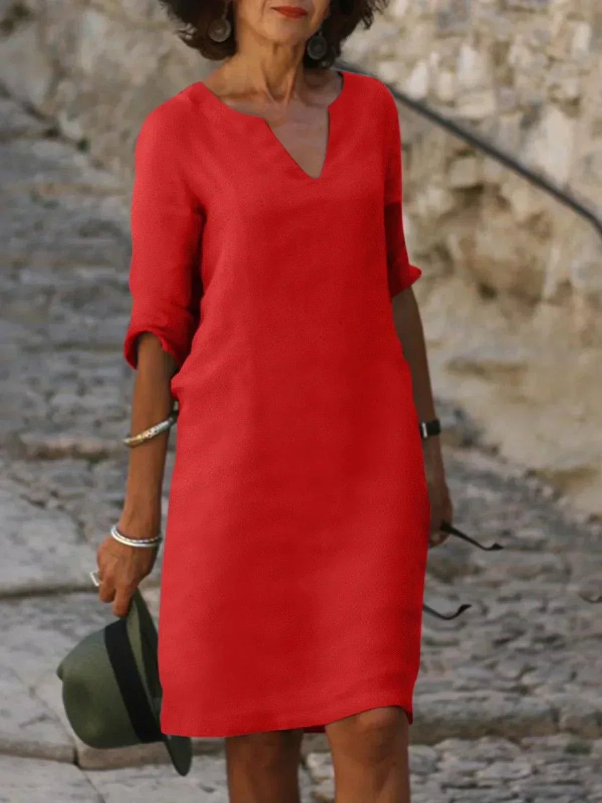 Women's V-Neck Shift Dress | Half Sleeve Knee Length-6