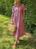 Women's Striped Midi Dress | Button-Down Short Sleeve-4
